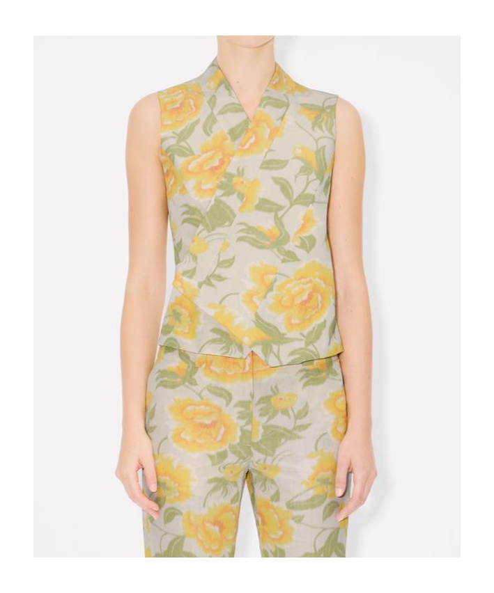 Shop Kenzo ' Peonies' Kimono Waistcoat In Cotton Linen And Satin Solid