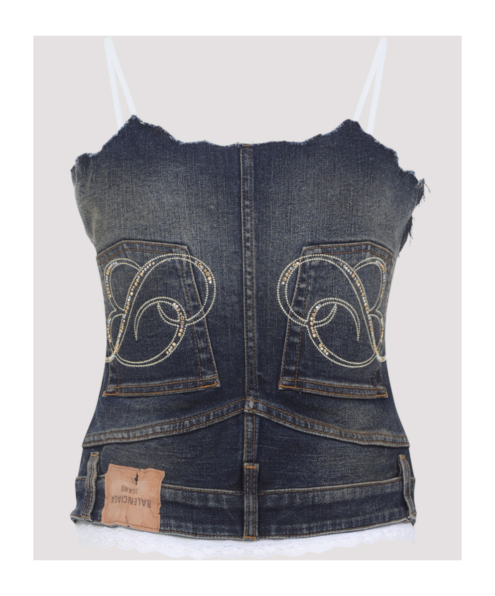 Balenciaga Denim Top With Lace Trim And Rhinestone Embellishments In Blue