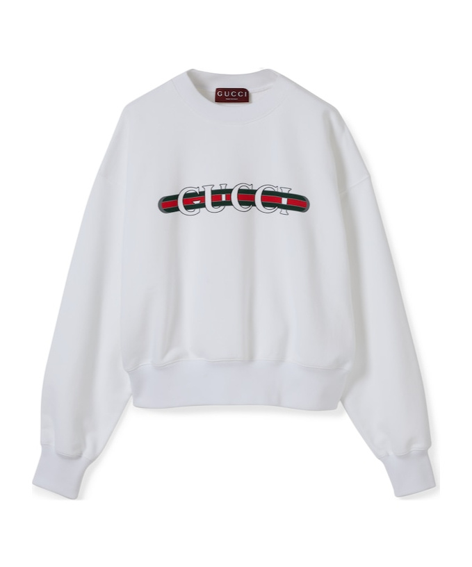 Gucci White Crewneck Sweatshirt With Logo Print And Web Detail In Cotton Woman In White