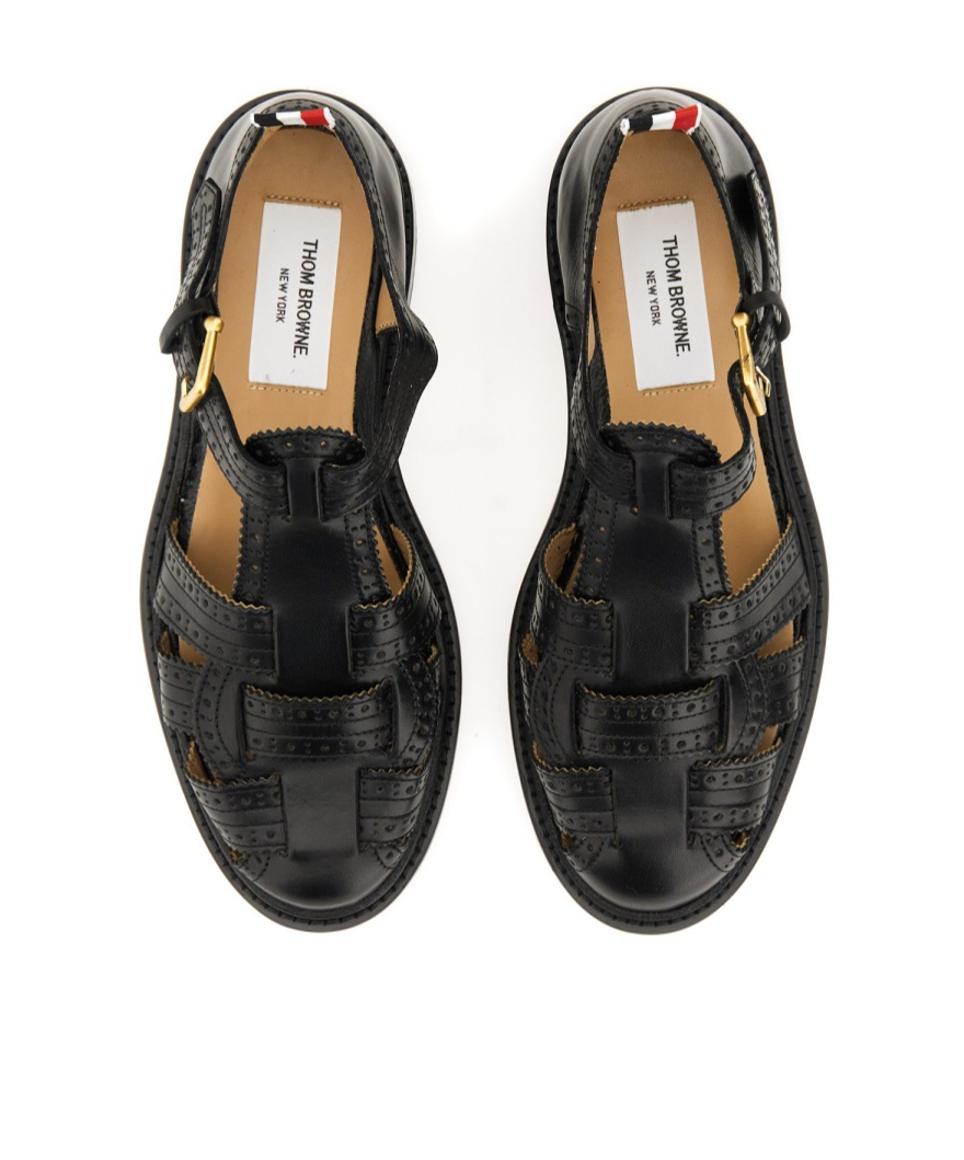 Shop Thom Browne Brogue Leather Fisherman Sandals In Black