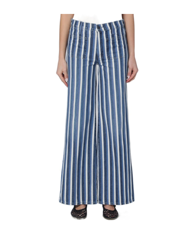 Mother Cotton Twister Sneak Jeans With Striped Pattern In Blue