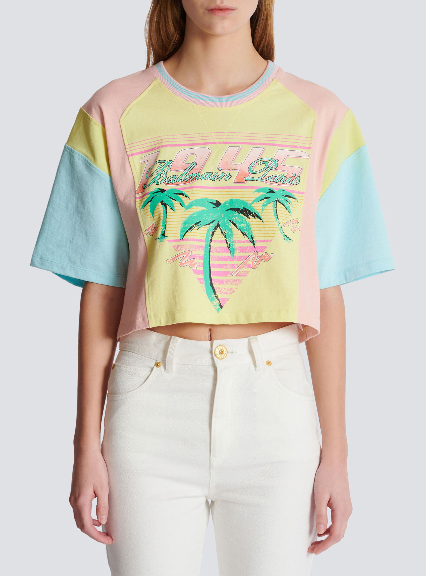 Shop Balmain T-shirt With Palm Tree  Signature Print In Yellow