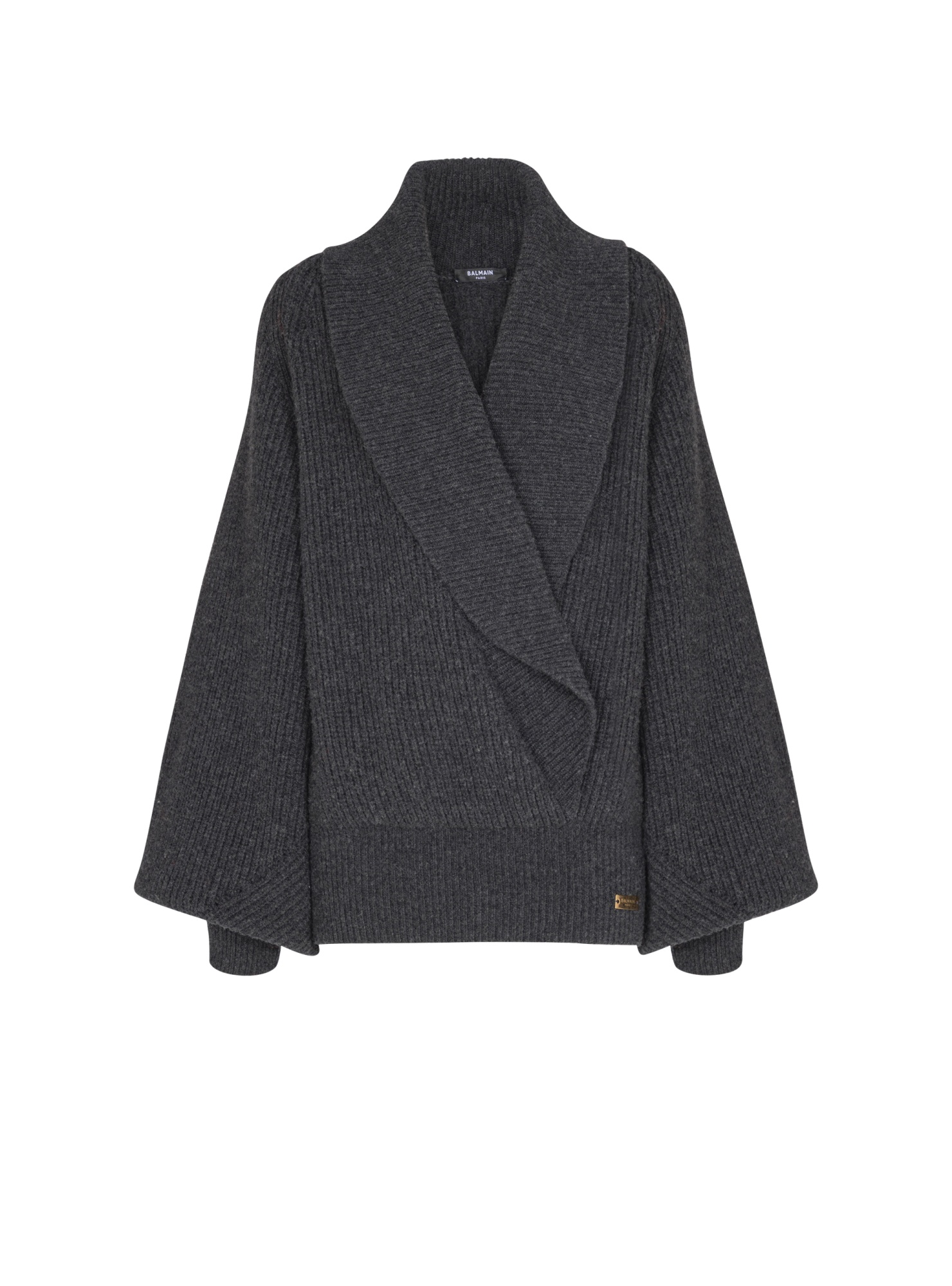 Balmain Oversized Ribbed Knit Pullover With Shawl Collar In Gray