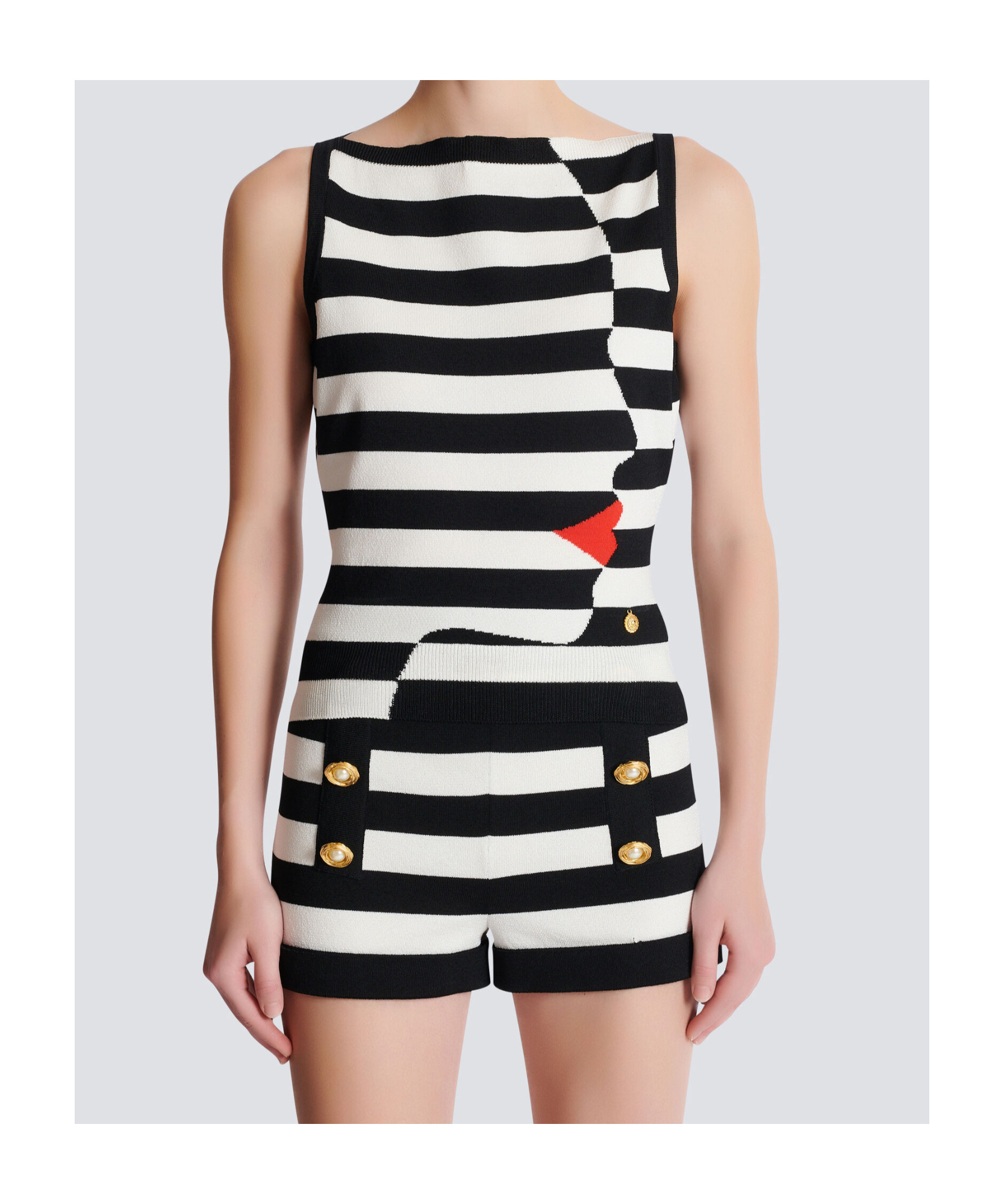 Balmain Boat-neck Face Mariniere Knit Tank Top In Black