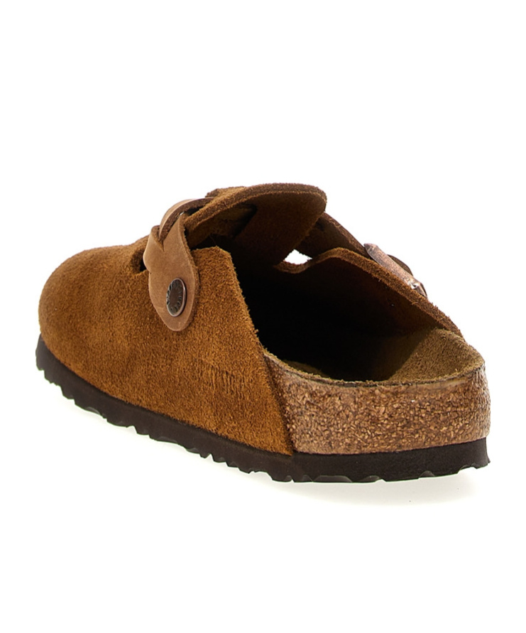 Birkenstock Round Toe Buckle-detailing Suede Mules In Brown