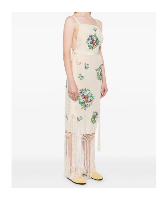 Bode Flower Language Backless Long Fringe Dress In Light Brown