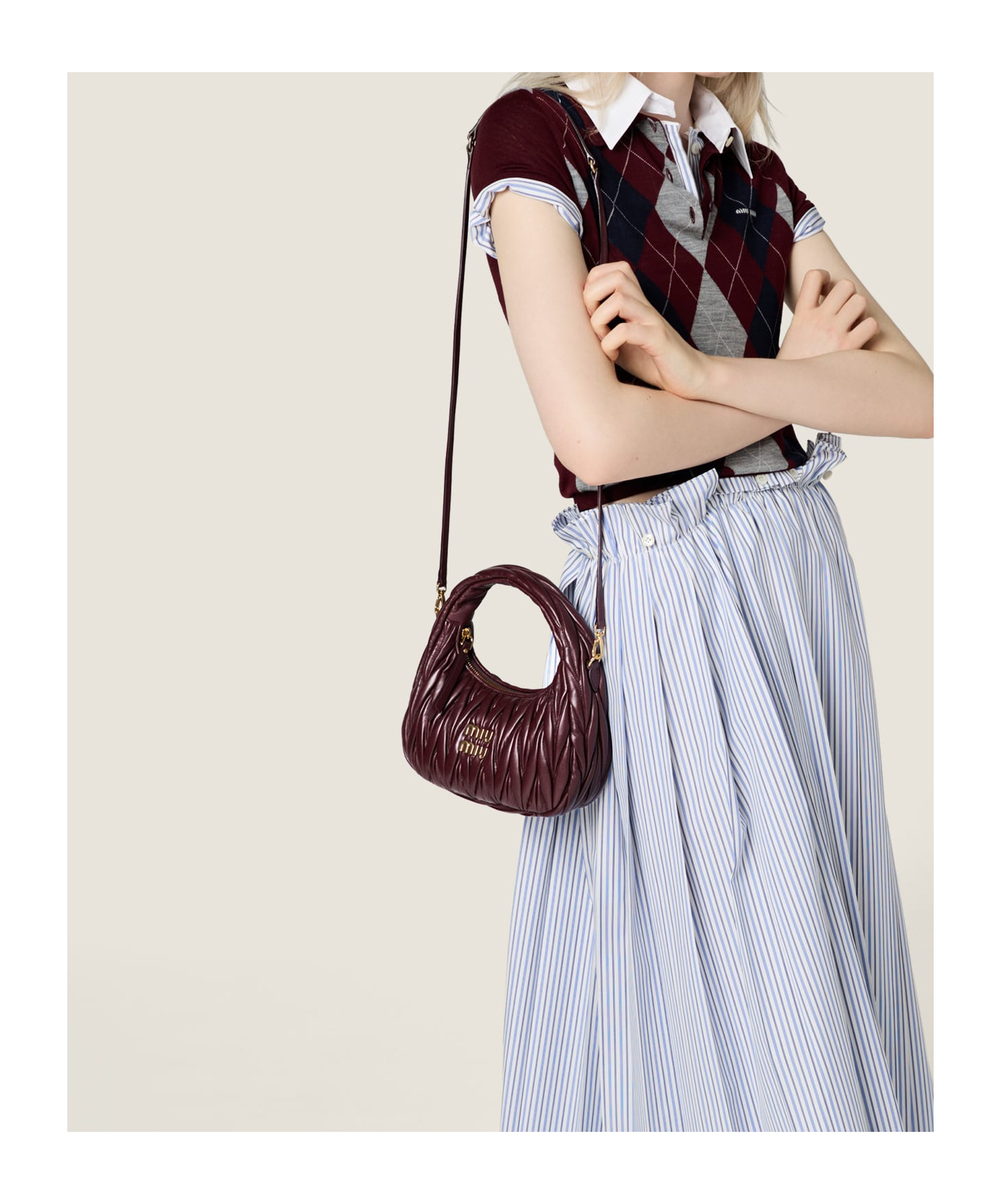Miu Miu Wander Matelassé Nappa Leather Hobo Bag In Burgundy