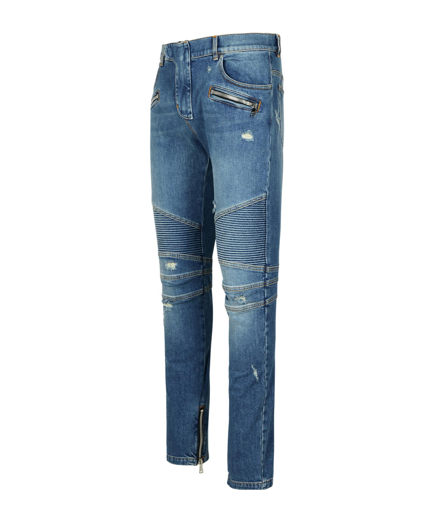 Balmain Light Blue Biker Jeans With Zip And Rips In Blue