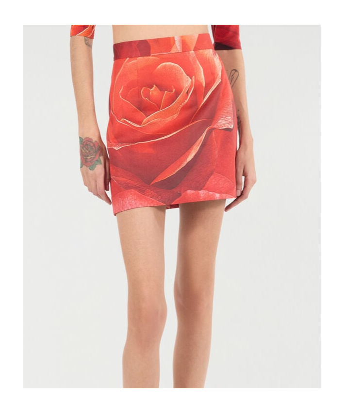 Roberto Cavalli Miniskirt With Rose Print In Red