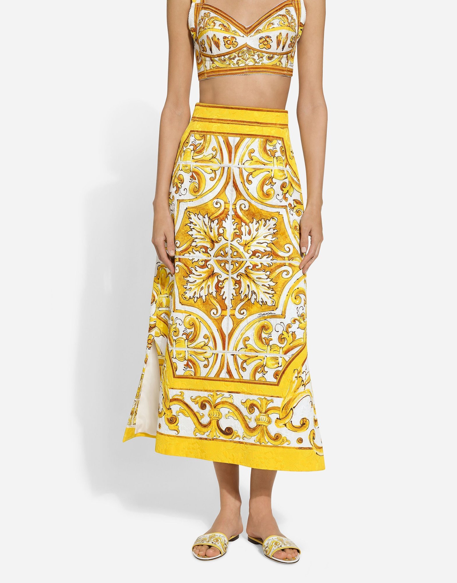 Dolce & Gabbana Majolica Print Midi A-line Skirt In Yellow