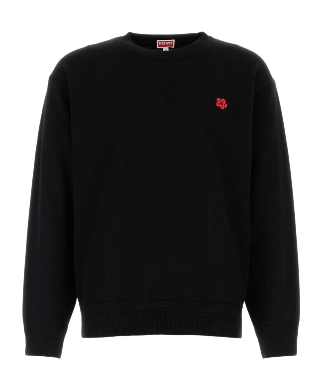Kenzo Black Knit Jumper With Boke Flower Logo Patch On The Chest In Wool Man In Black
