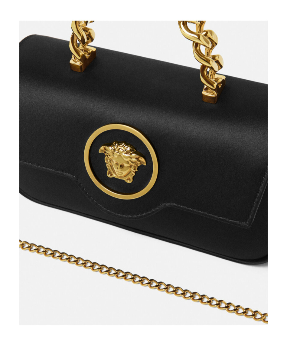 Versace La Medusa Small Satin Top Handle Bag In Black