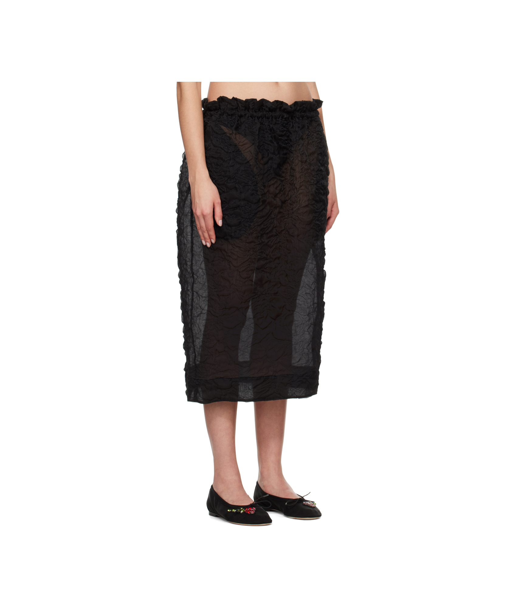 Simone Rocha Black Elasticated Gathered Ruffle Waist Tulip Midi Skirt In Black