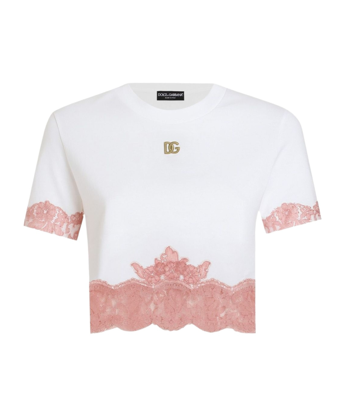 Dolce & Gabbana Cropped Jersey T-shirt With Dg Logo And Lace Inserts In White