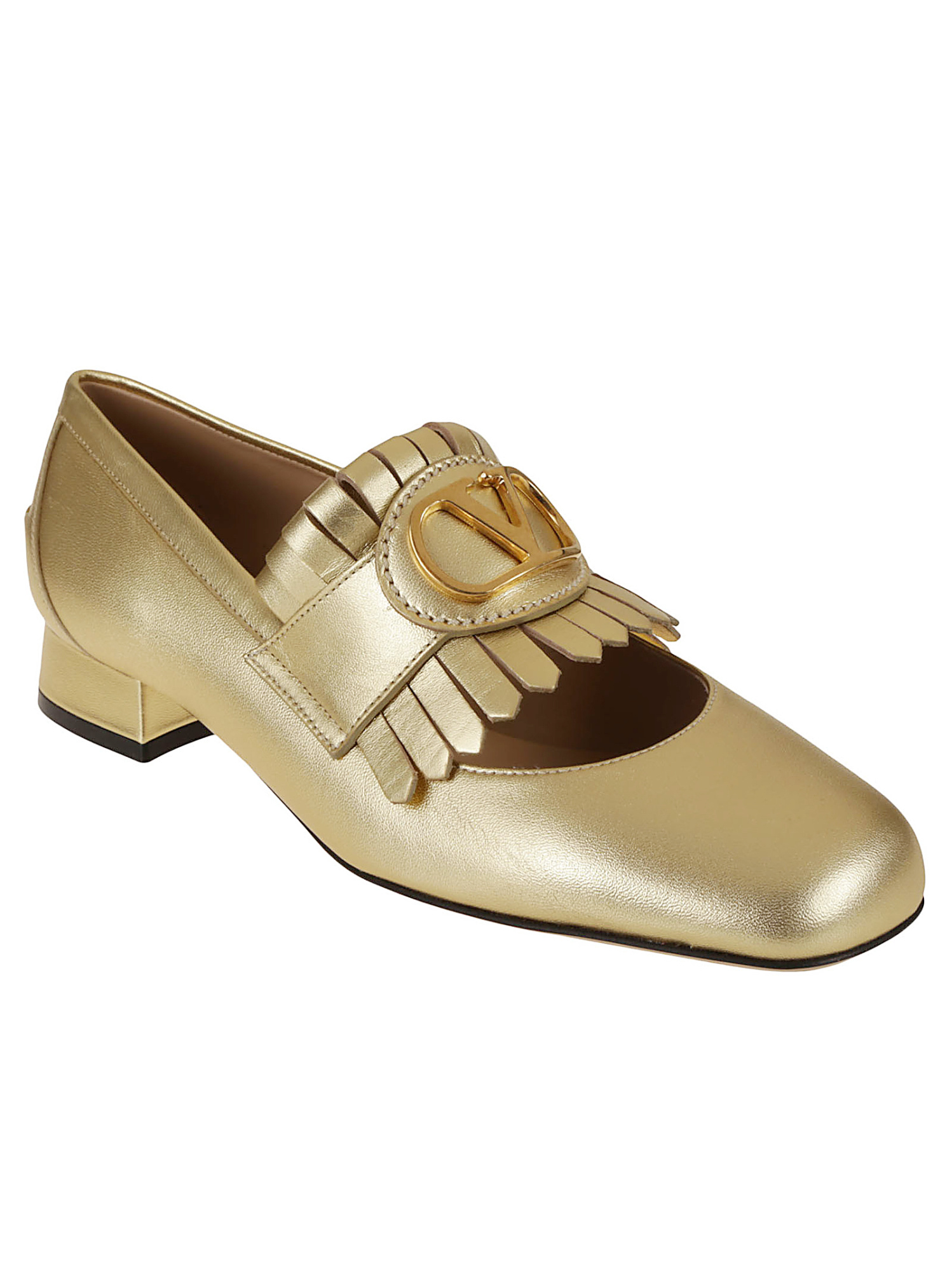 Valentino Block Heel Loafers With Gold Fringed Detail