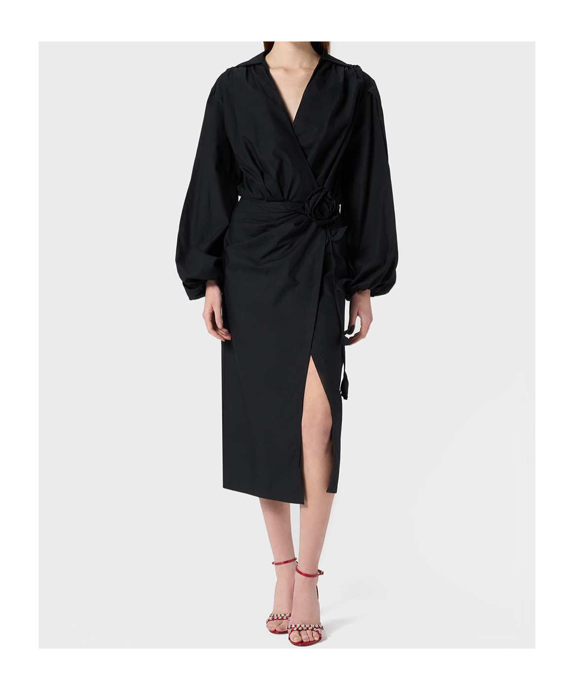 Blumarine Long Sleeve Wrap Dress With Floral Embellishment In Black