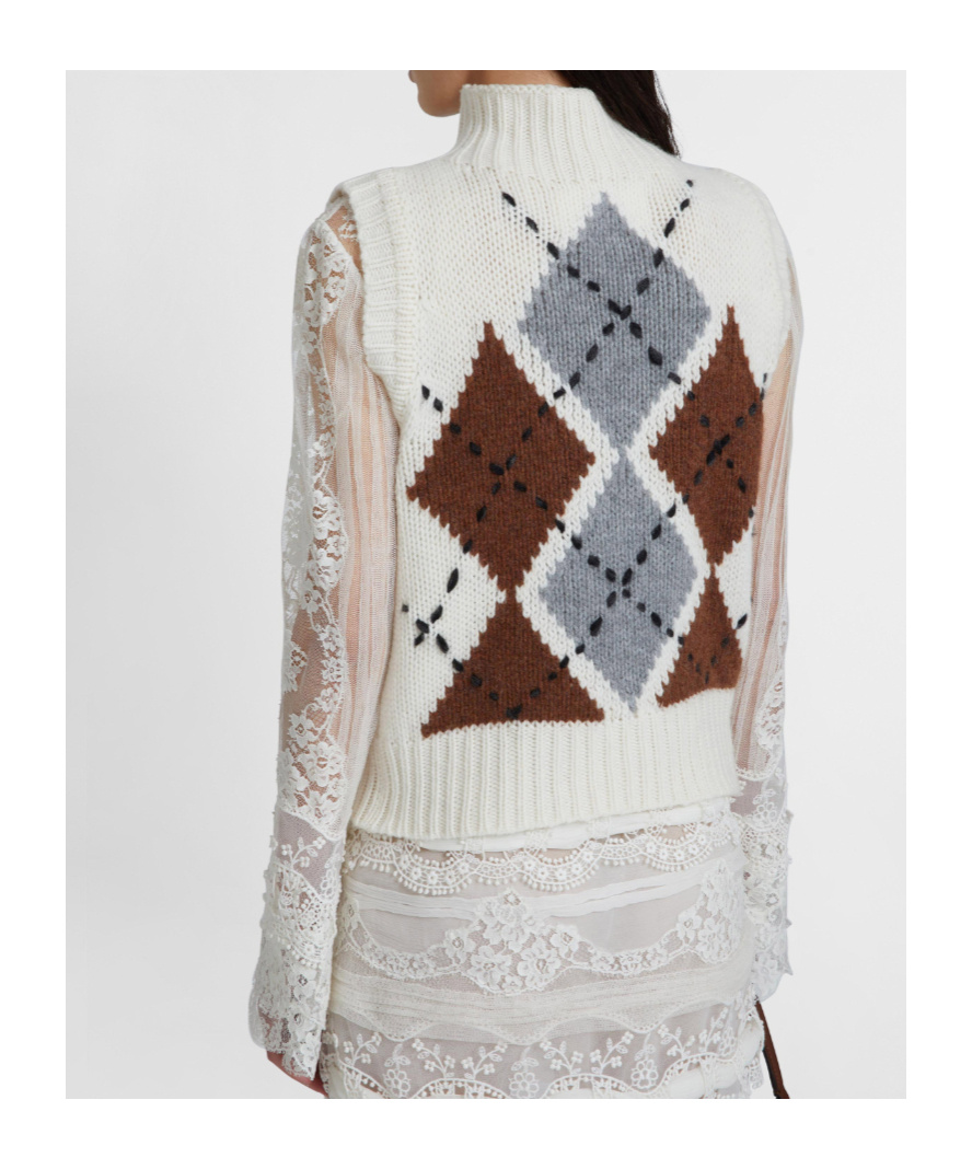 Ermanno Scervino Pure Cashmere Top With Two-tone Argyle Motif In White