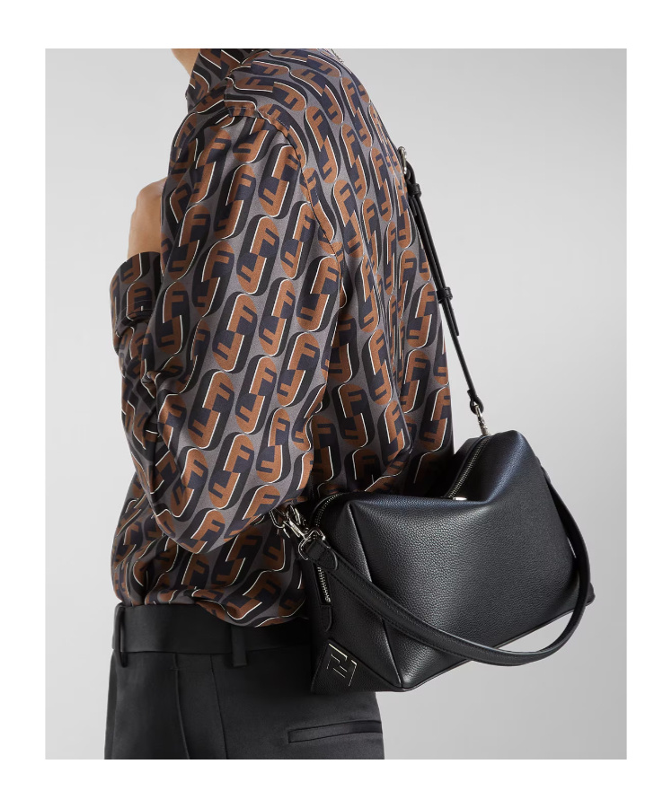 Fendi Medium Shoulder Bag Adjustable Strap Metal Hardware Textured Finish In Black