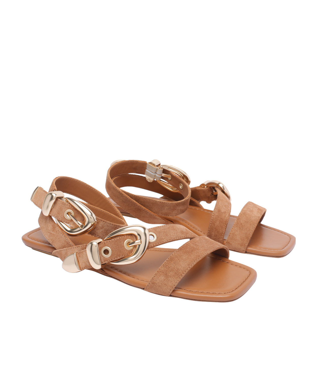 Stuart Weitzman Square Toe Suede Straps Sandals In Brown