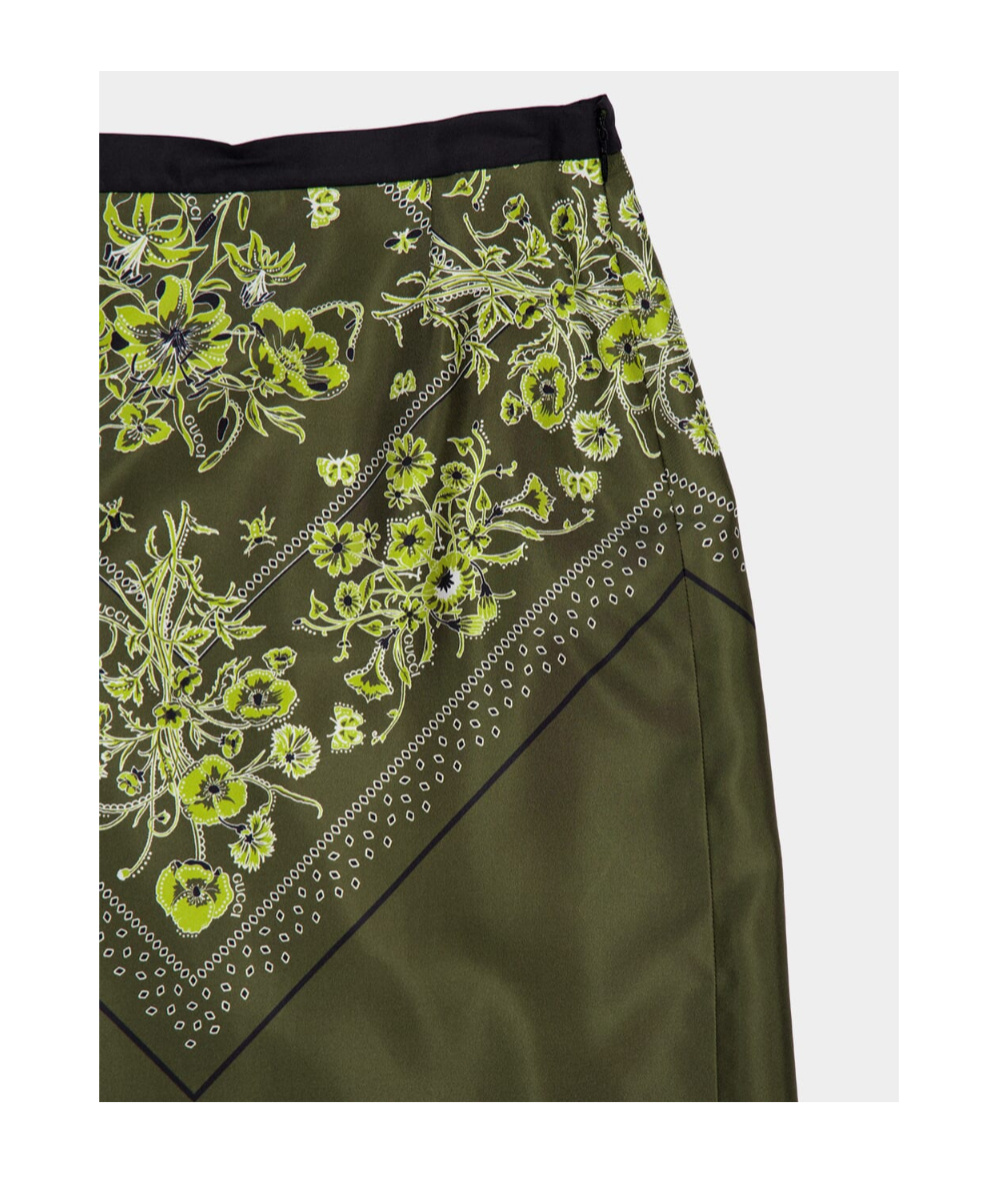 Gucci Womens Forest Green Brown Floral Slit Silk Midi Skirt In Green