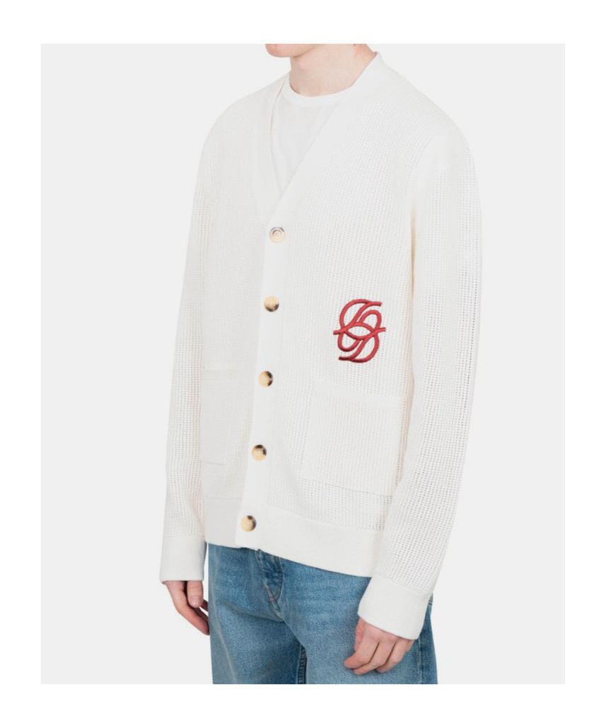Drôle De Monsieur Textured Knit White Sweater With V-neckline In White