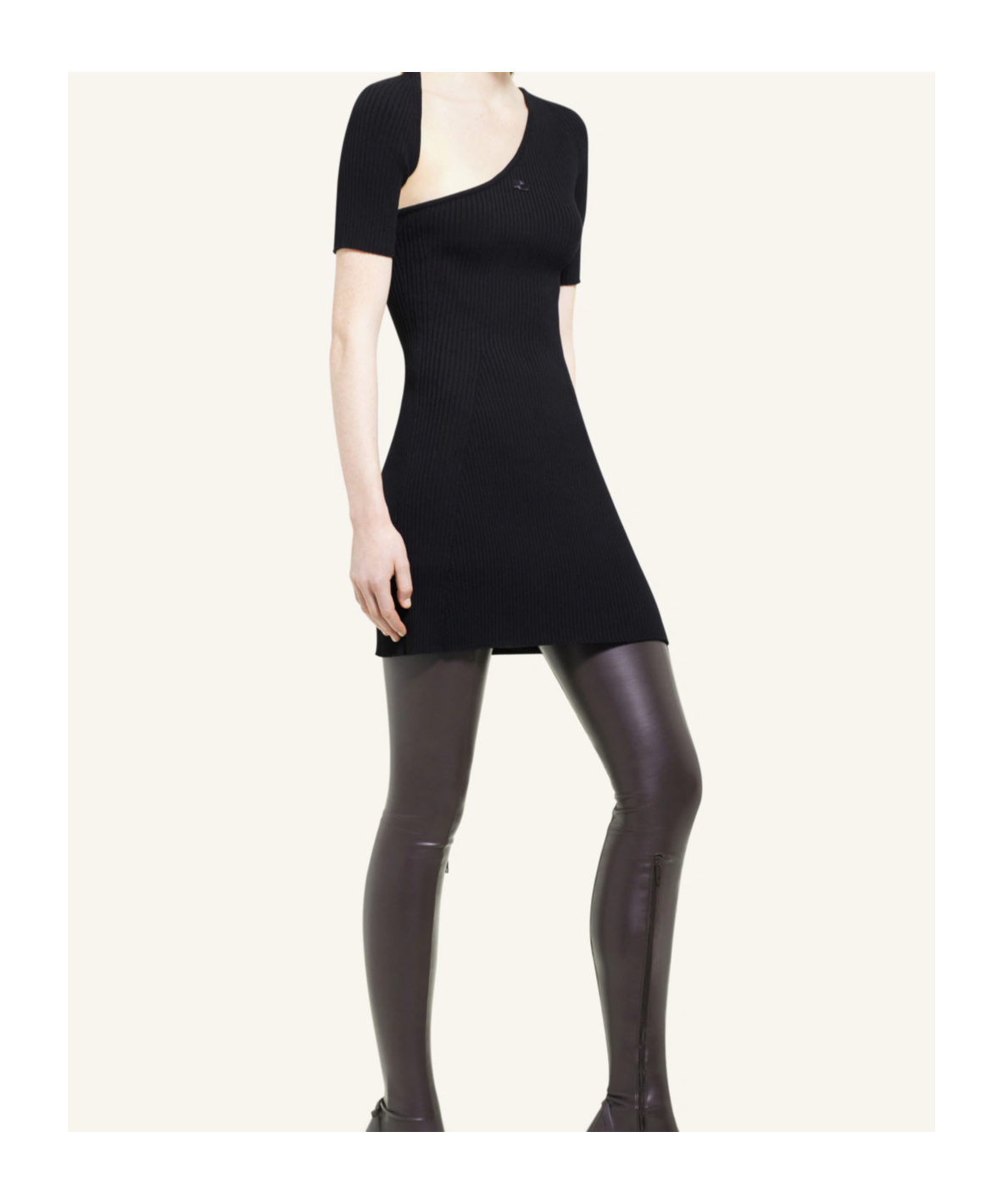 Courrèges Slash Mini Dress In Black Fabric Ribbed Knit In Black