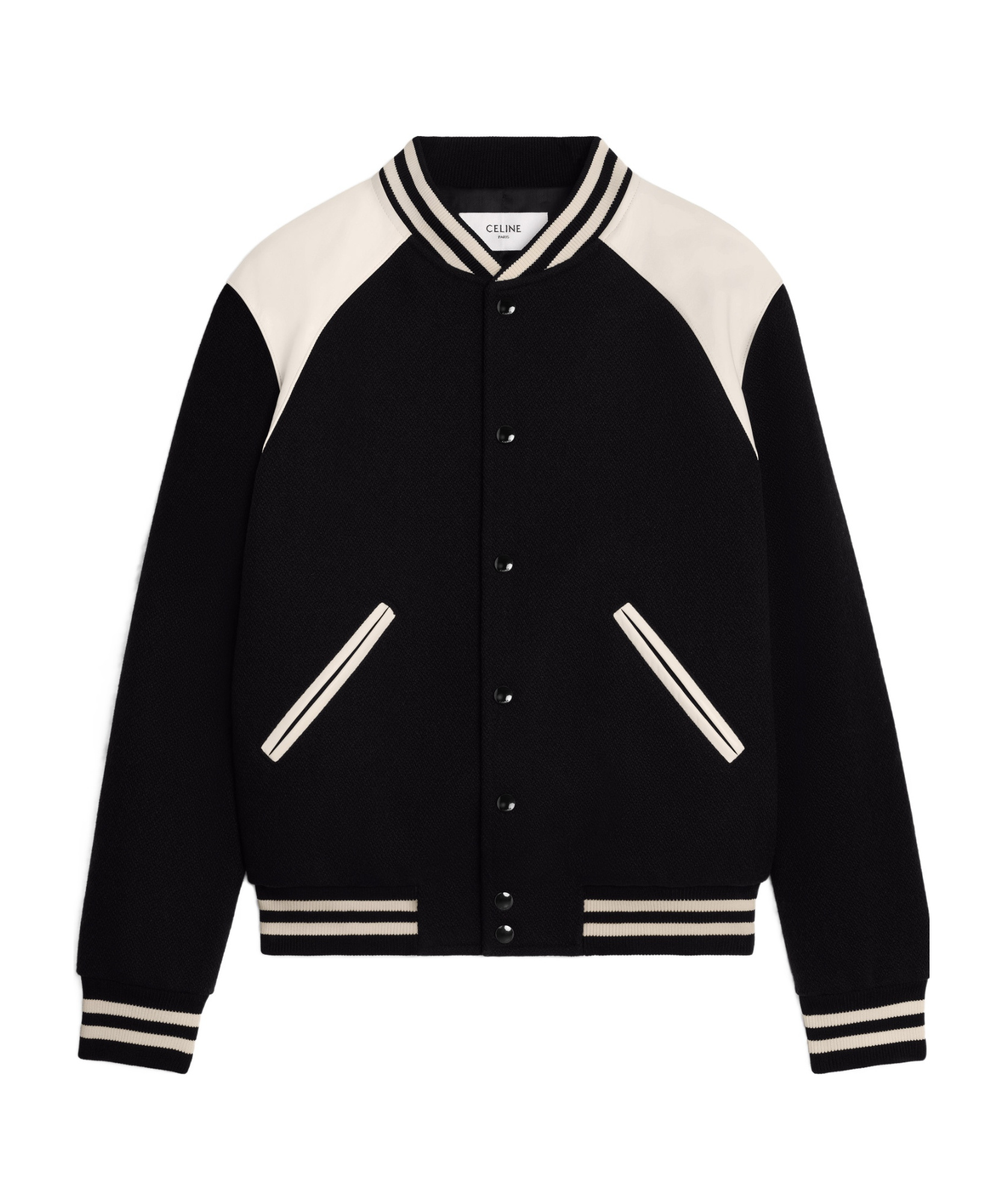 Celine Teddy Striped Colour-block Leather-trimmed Virgin Wool-blend Varsity Jacket In Black