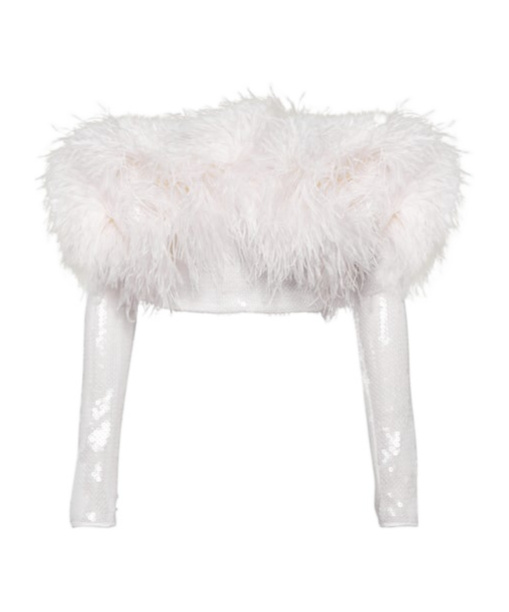 David Koma Sequined Feather-trimmed Crop Top In White