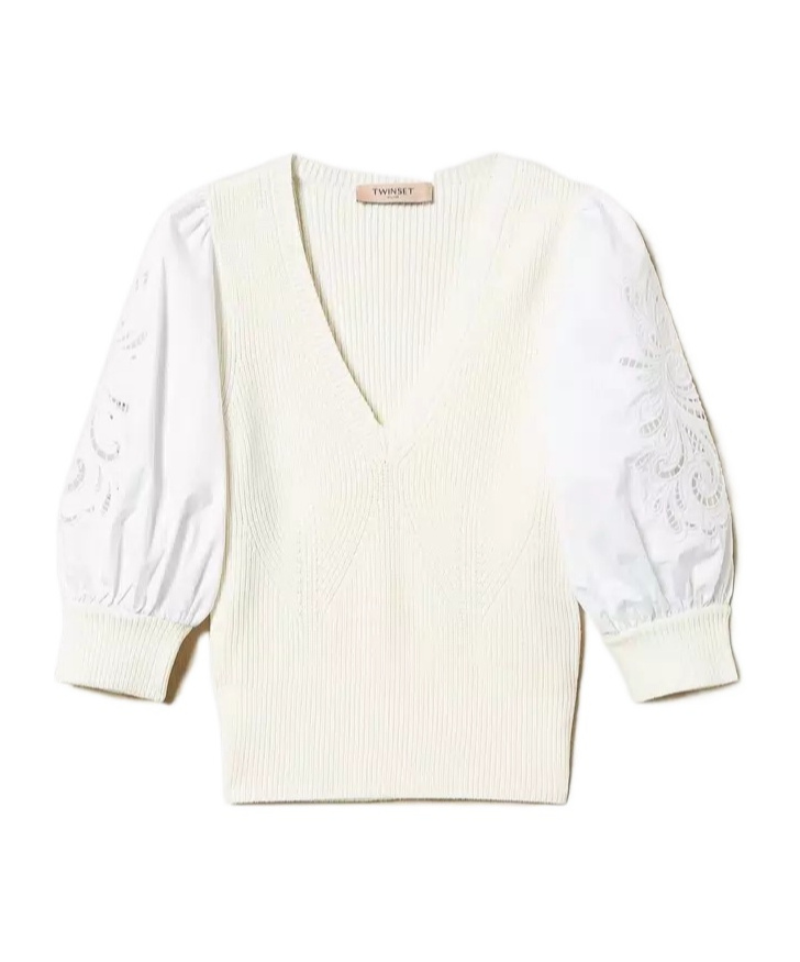 Twinset Puff-sleeve Broderie-anglaise Jumper In Neutral