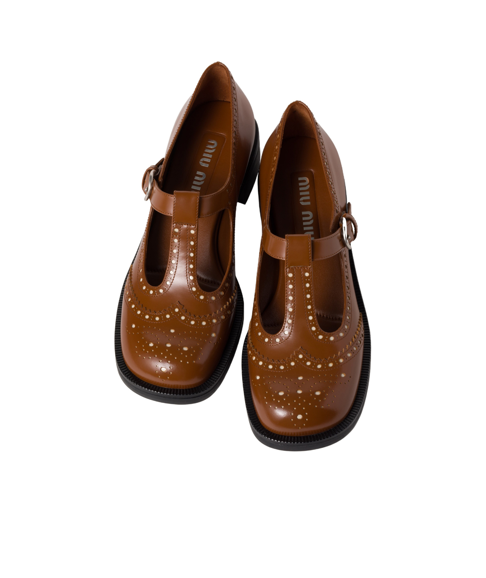 Miu Miu T-strap Leather Brogue Shoes In Brown