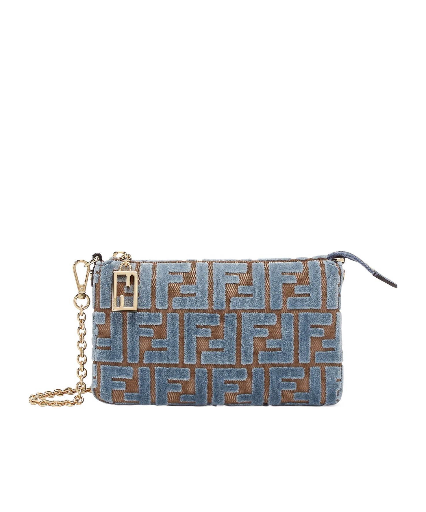 FENDI LIGHT BLUE JACQUARD FF VELVET POUCH WITH CHAIN