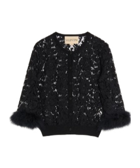 Valentino Feather-trimmed Cotton Corded Lace Cardigan In Black