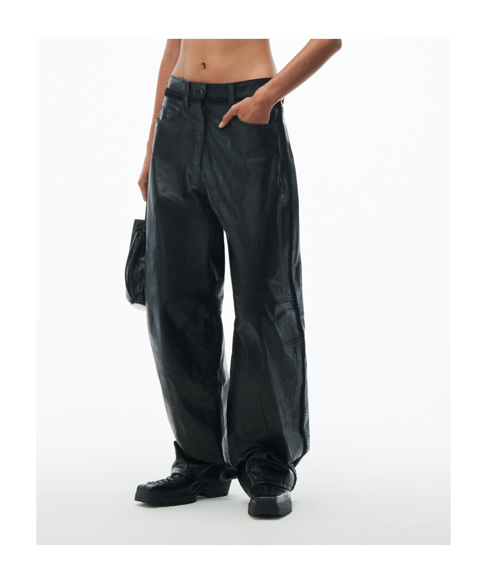 Alexander Wang Low-waist Crocheted Leather Pants In Black
