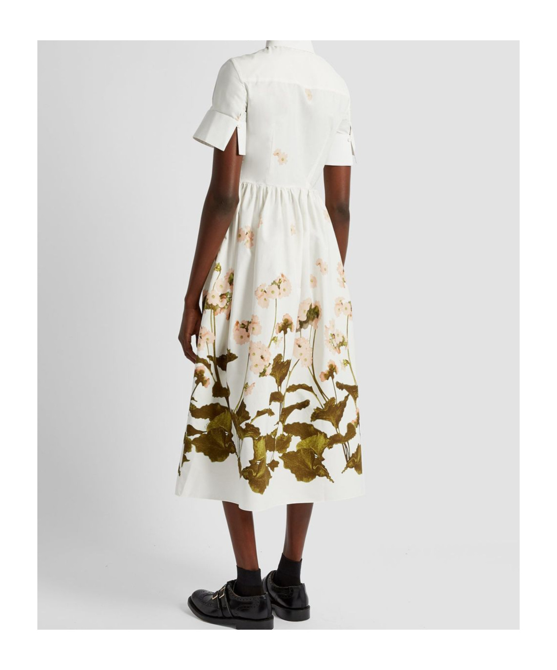 Erdem Floral Print Cotton Dress With Split Cuffs In White