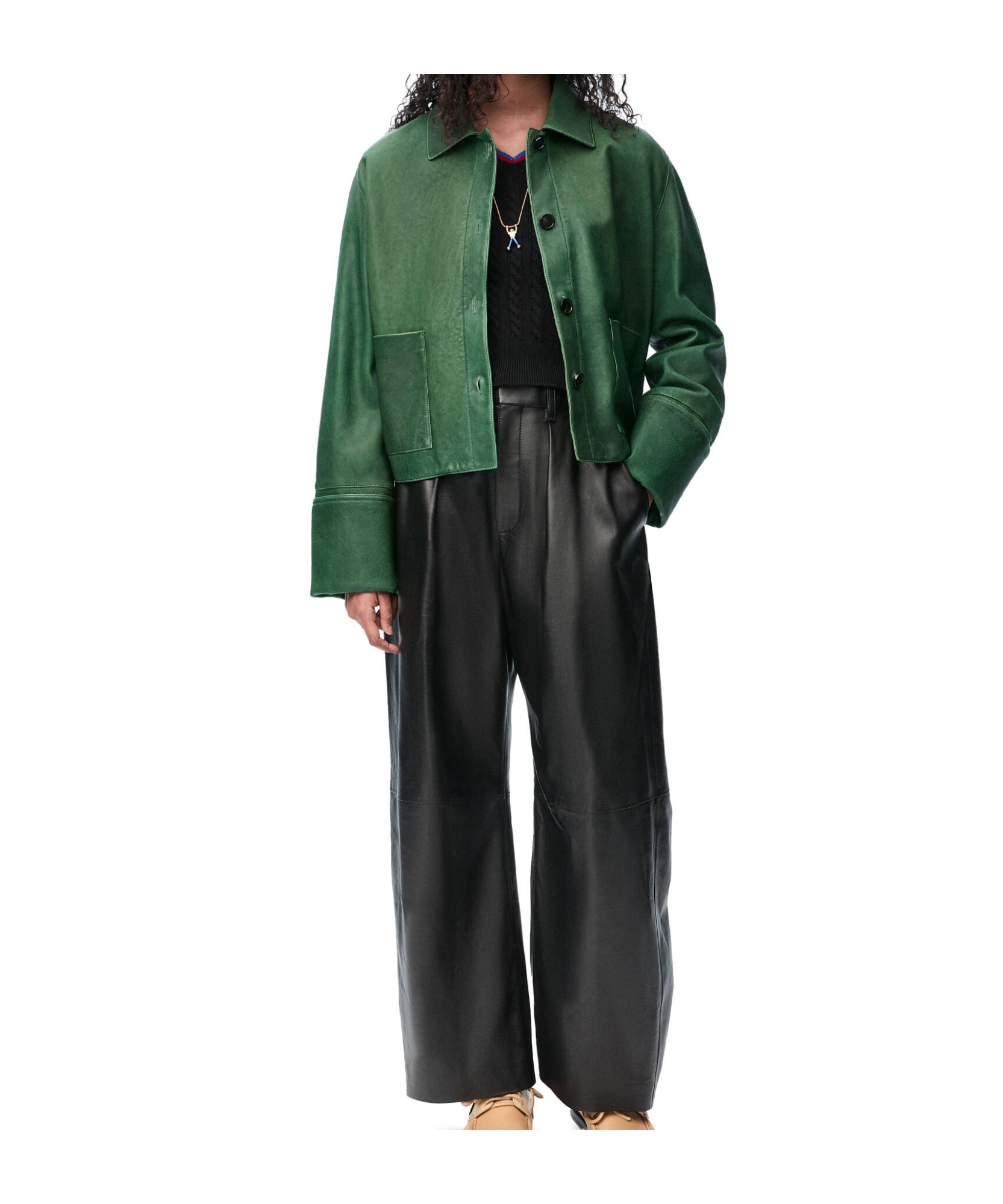 Loewe Long-sleeved Leather Jacket In Green