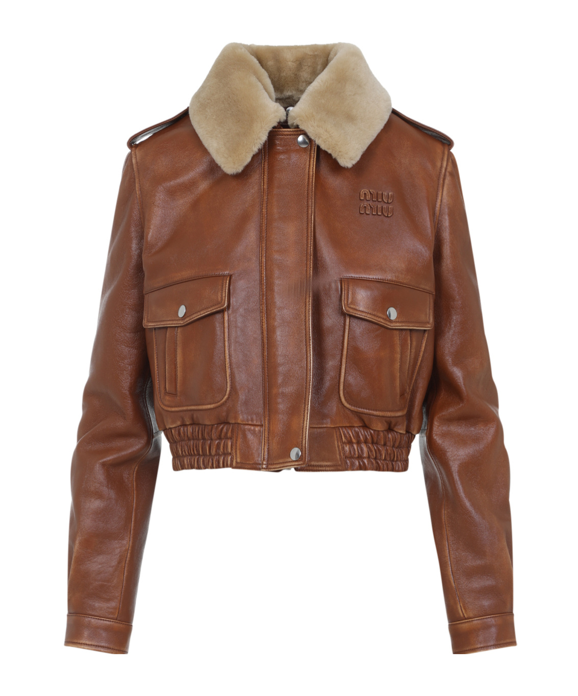 Miu Miu Logo-applique Leather Bomber Jacket In Brown