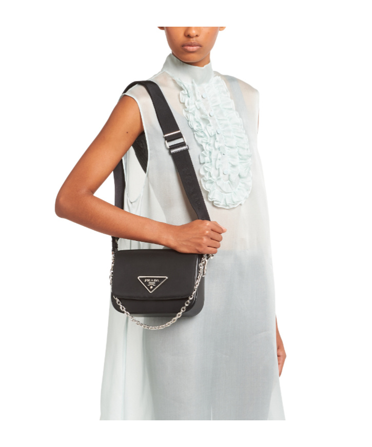 Prada Enamel Triangular Motif Shoulder Bag In Black