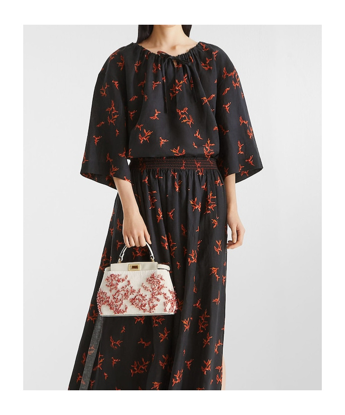 Fendi Floral Print Linen Top With Wide Sleeves In Black