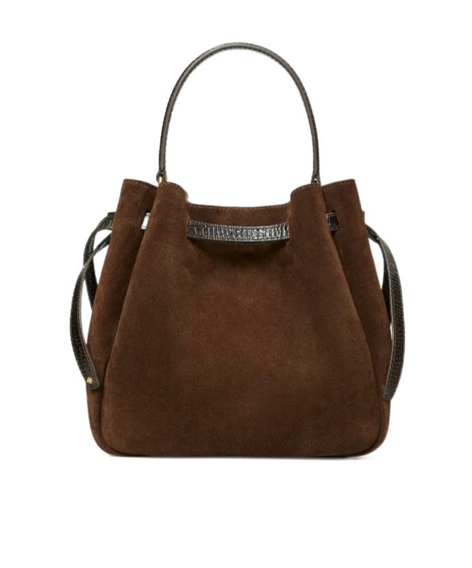 Tory Burch Romy Suede Belted Bucket Bag In Brown