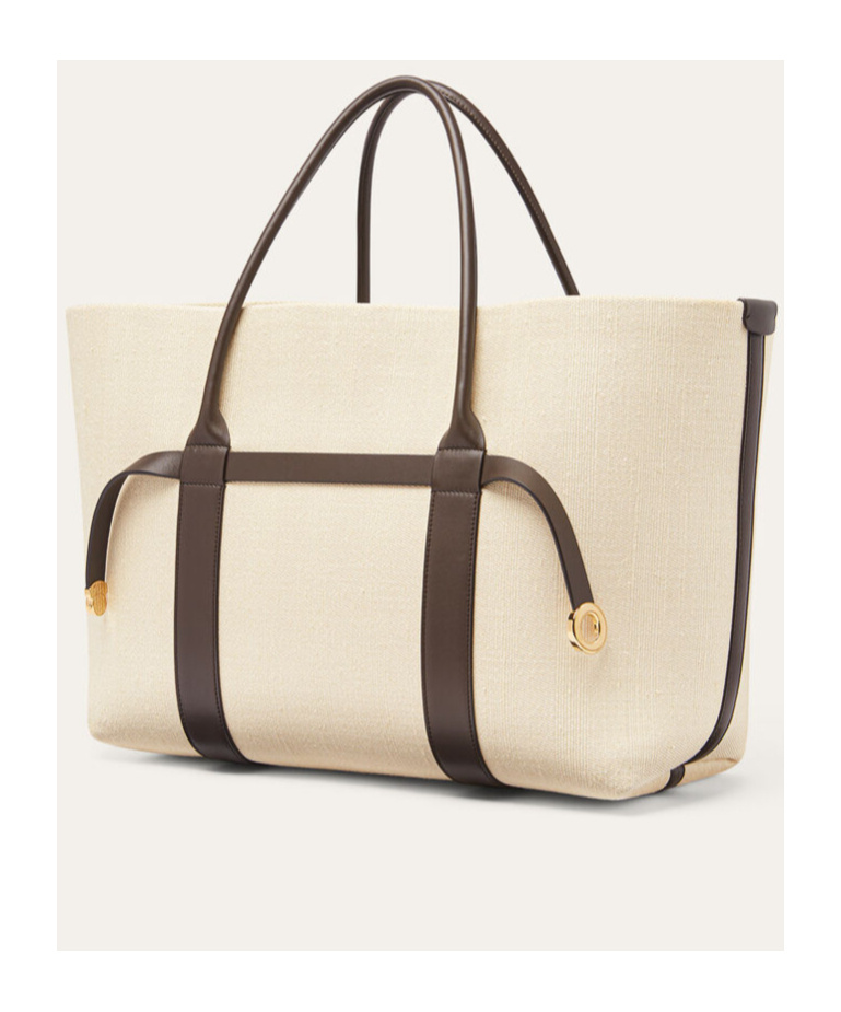 Loro Piana Ghiera Shopper Large Handbag In Cream Yellow Amber-dark Chocolate Licorice/sun Gold