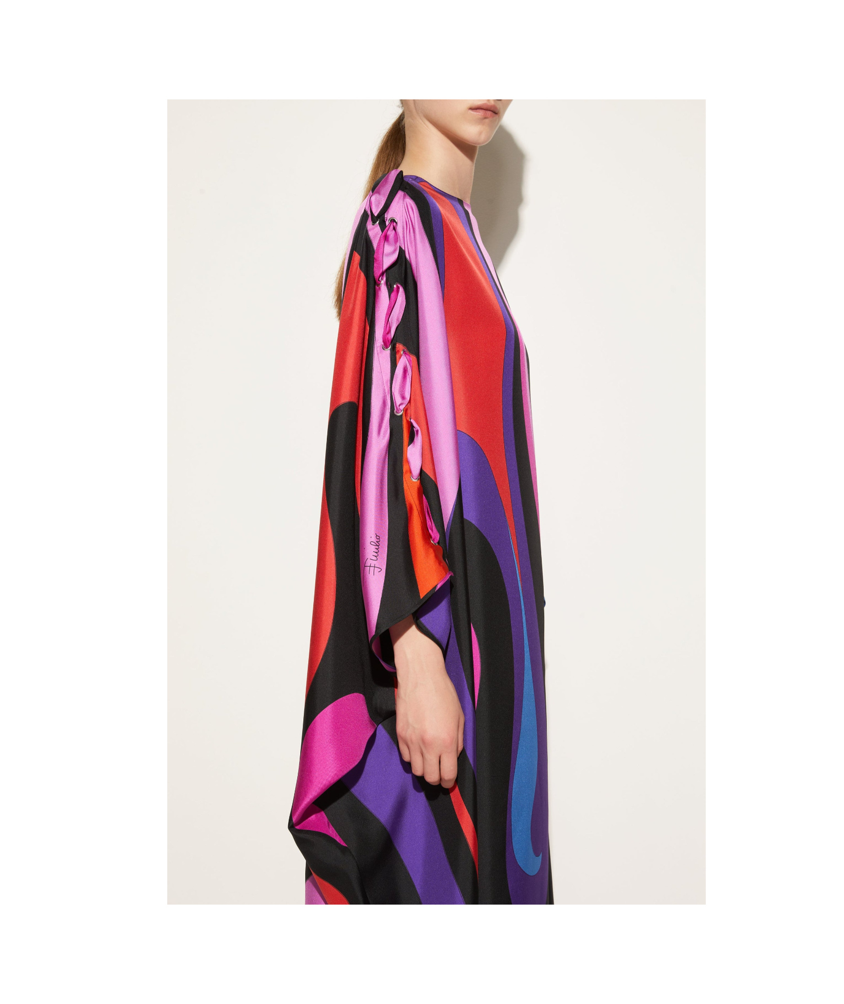 Pucci Abstract Print Silk Caftan Dress With Boat Neck And Long Sleeves In Black