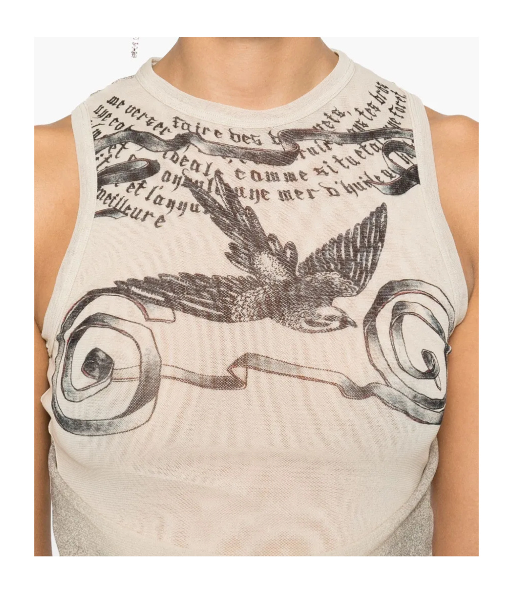 Jean Paul Gaultier Tattoo Print Double Layer Mesh Tank In Nude