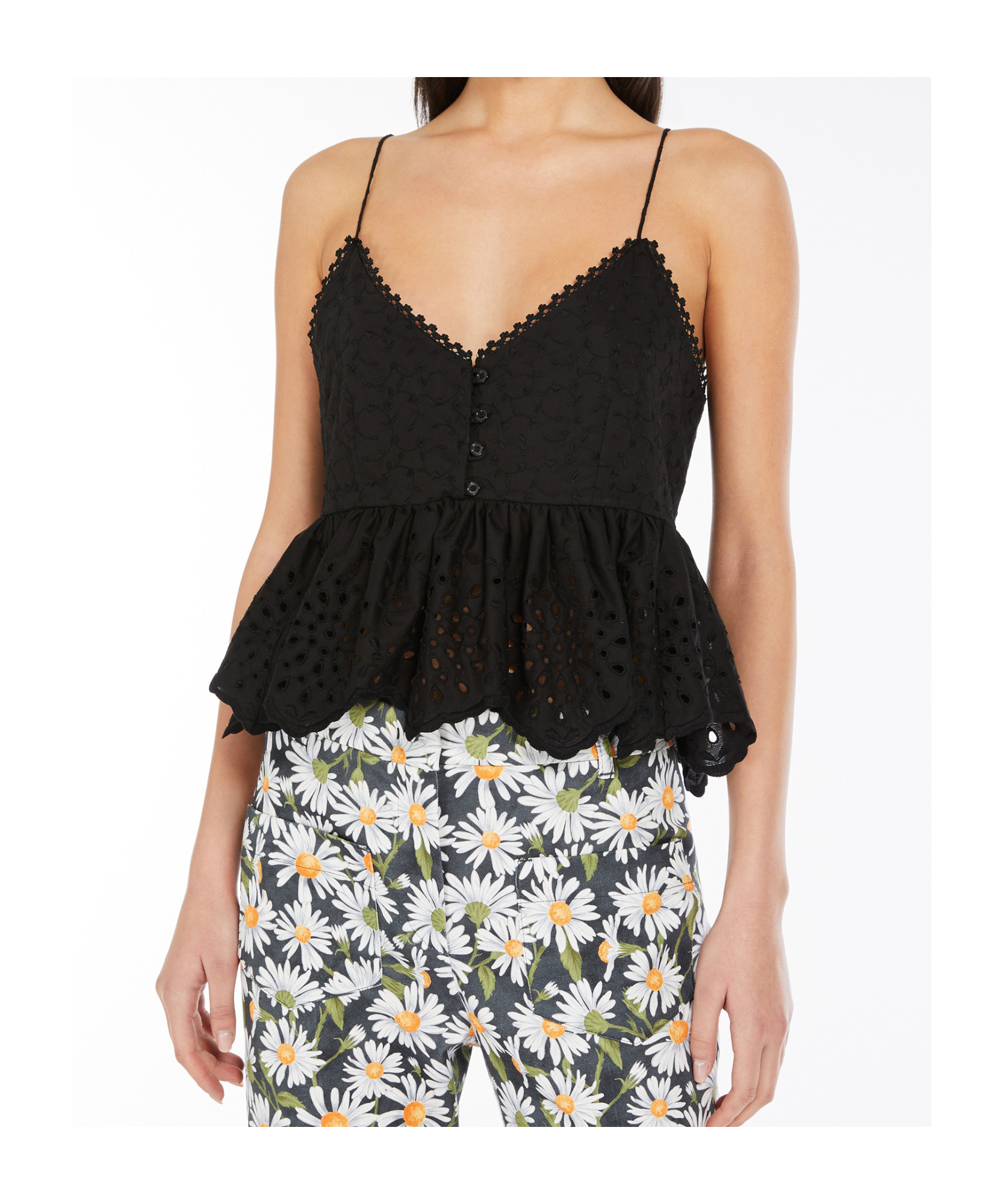 Weekend Max Mara Broderie Anglaise Peplum Top With Spaghetti Straps In Black