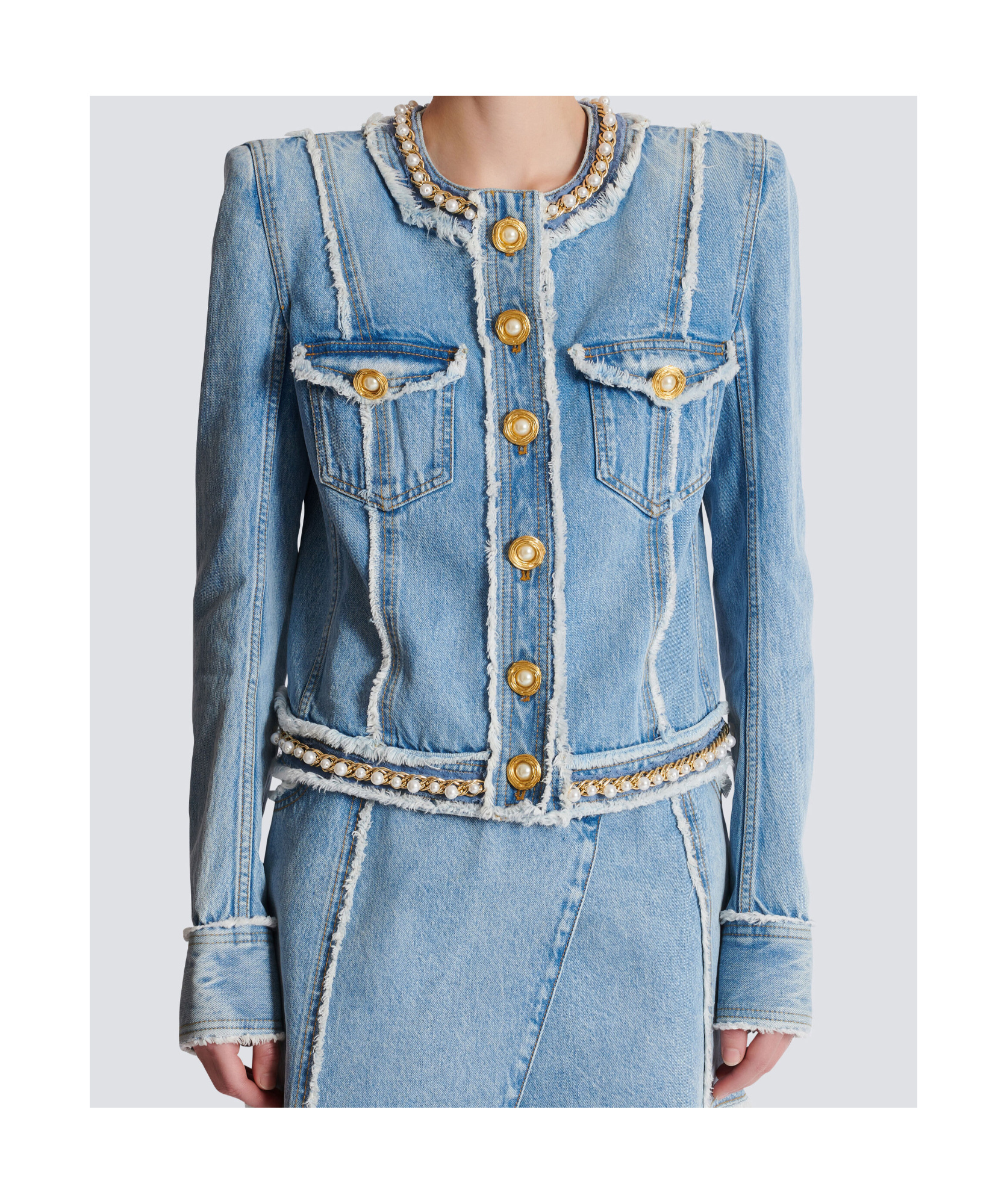 Balmain Faux Pearl-embellished Frayed Denim Jacket