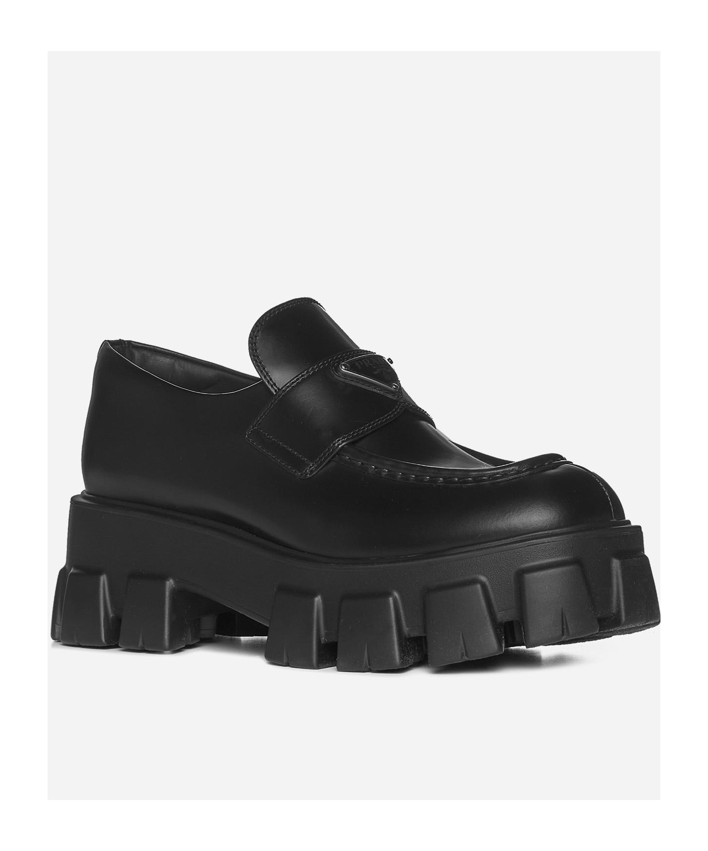 Shop Prada Brushed Leather Monolith Loafers In Black