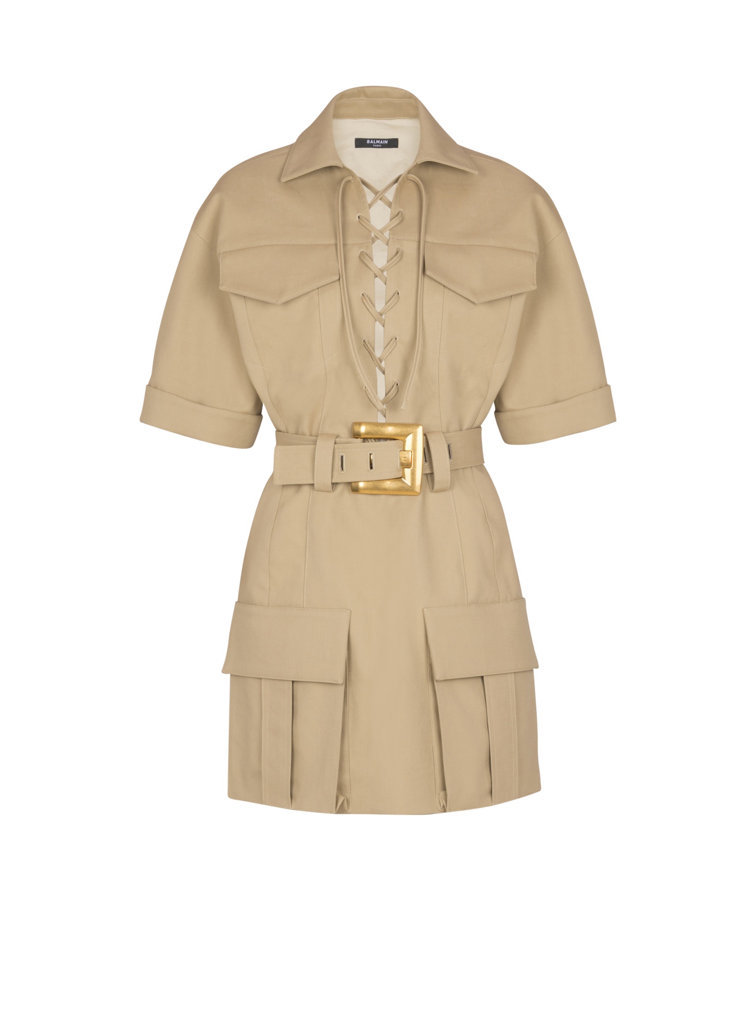 Balmain Short Cotton Gabardine Lace-up Dress In Brown