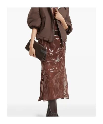 Brunello Cucinelli Women Skirt With Dazzling Floral Embroidery In Brown