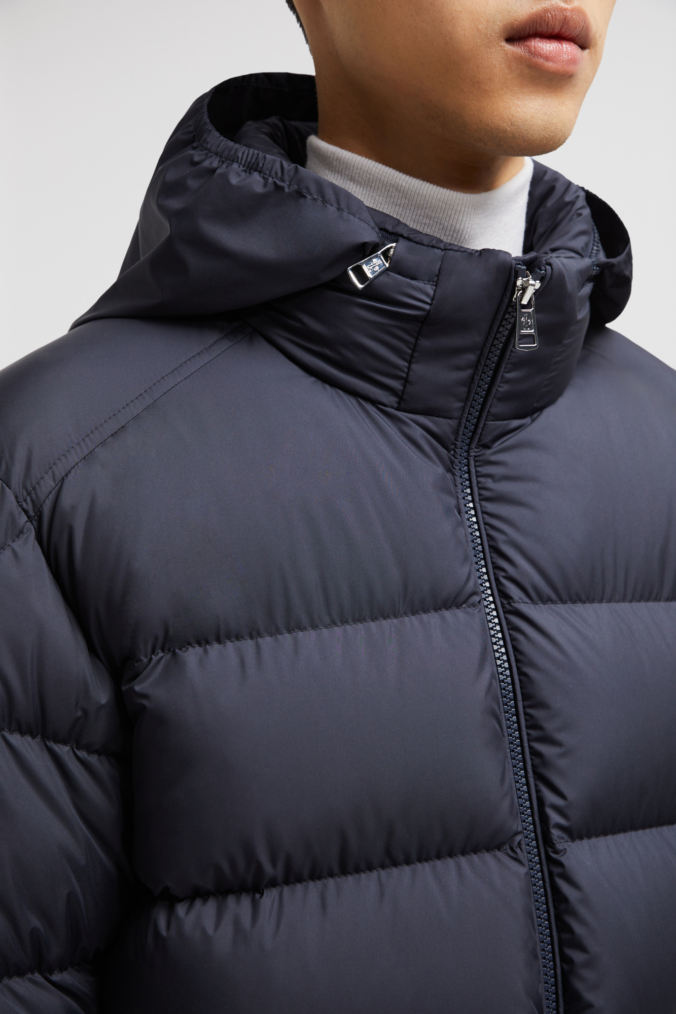 Moncler Striped Logo Patch Down Jacket In Blue