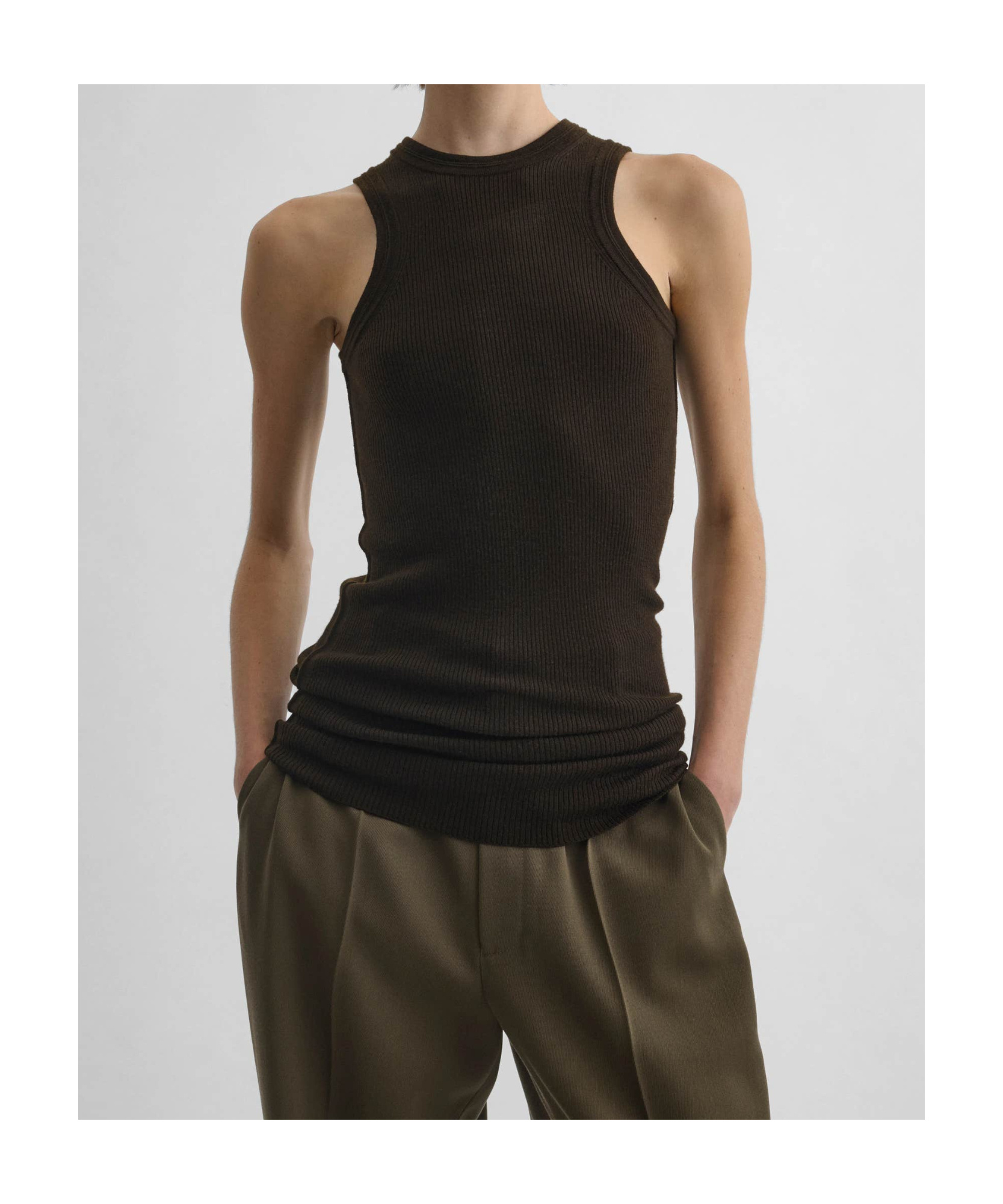 PHOEBE PHILO RIBBED TANK IN DARK KHAKI WOOL
