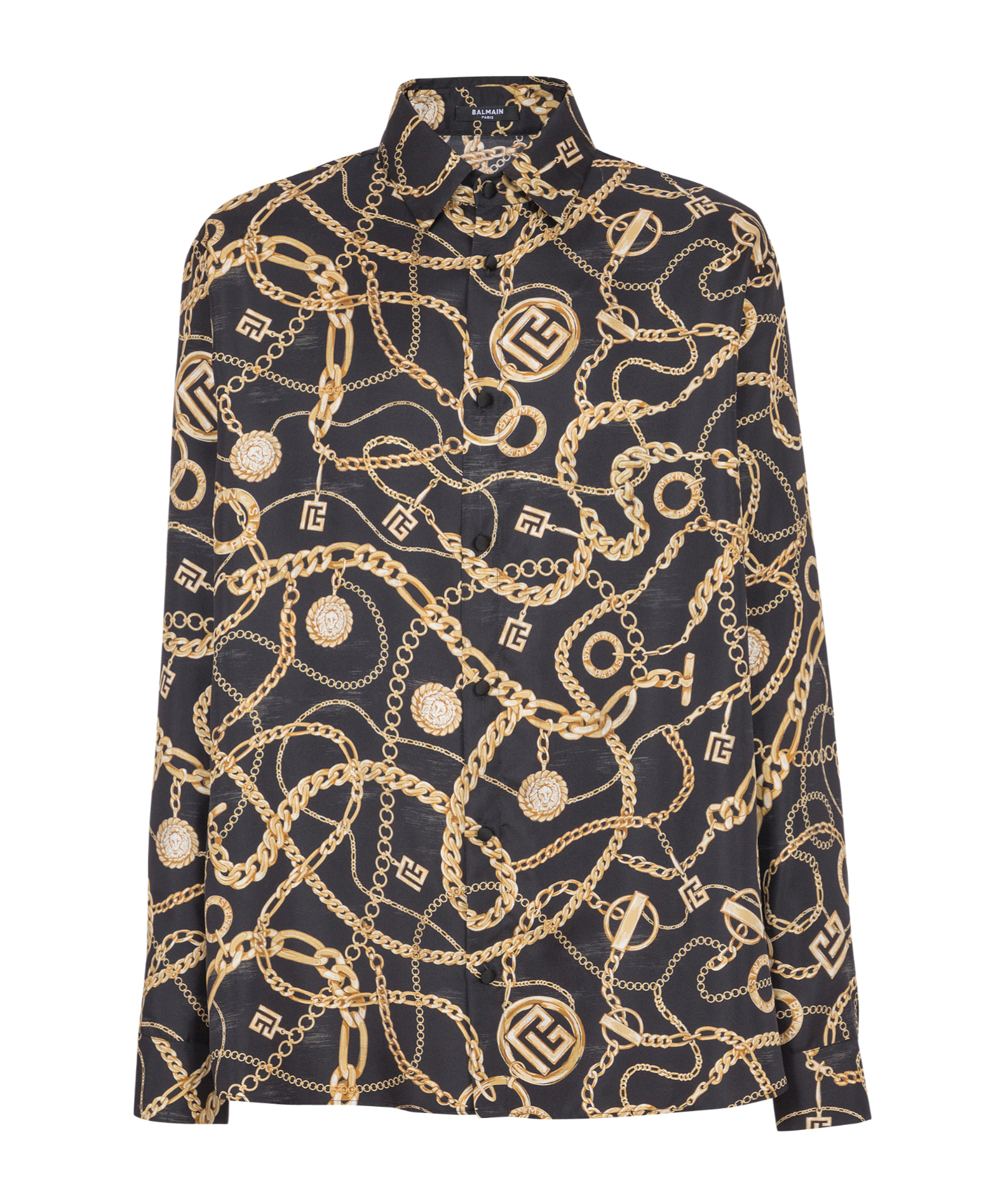 Balmain Black Shirt With Pointed Collar And Chain Print With Logo In Silk Man In Black